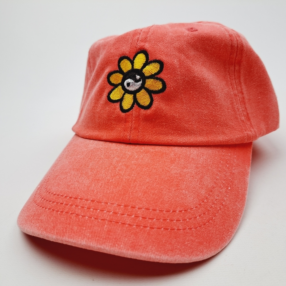 Yin Yang Flower Embroidered Relaxed Cotton Hat Cap Orange Washed Adjustabl…